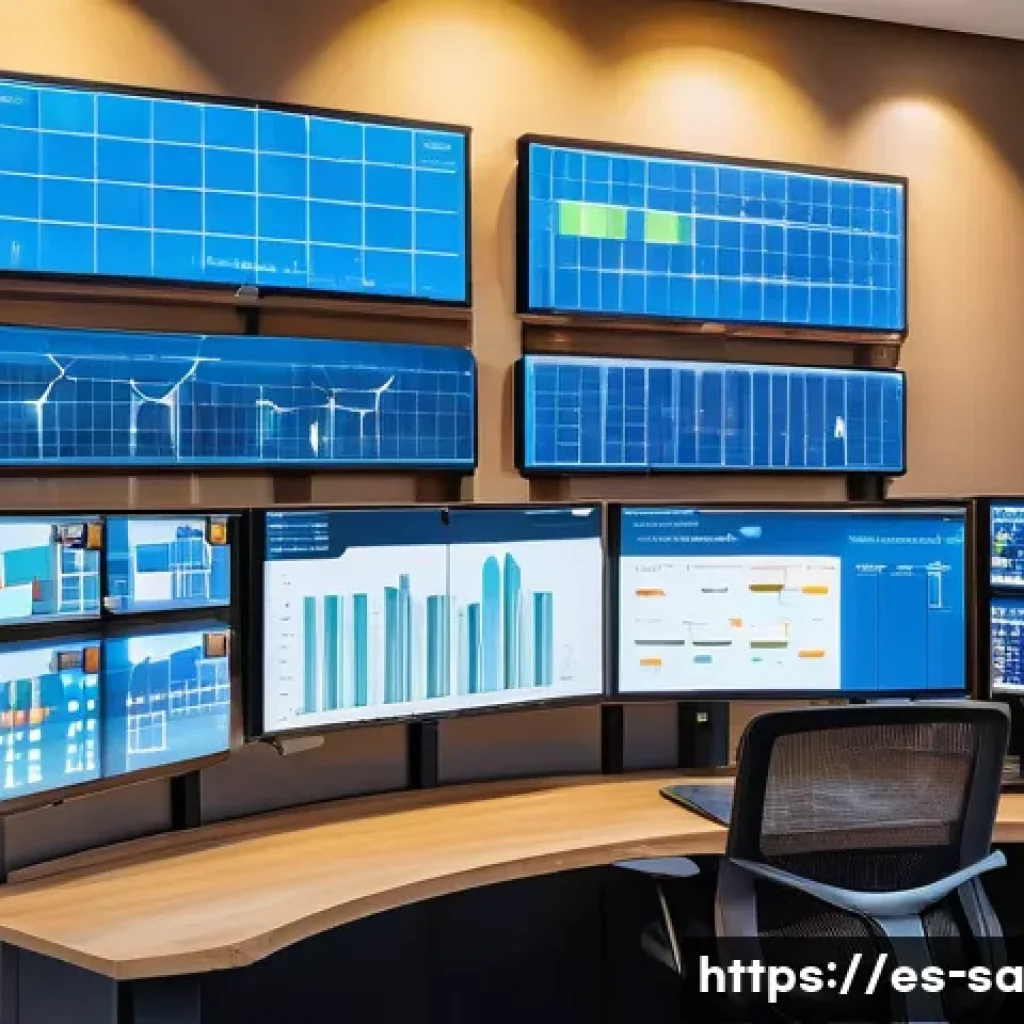스마트 그리드와 인프라 개선 프로젝트 - A modern Spanish urban smart grid control center, featuring large digital screens displaying real-ti...