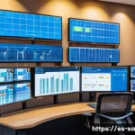 스마트 그리드와 인프라 개선 프로젝트 - A modern Spanish urban smart grid control center, featuring large digital screens displaying real-ti...