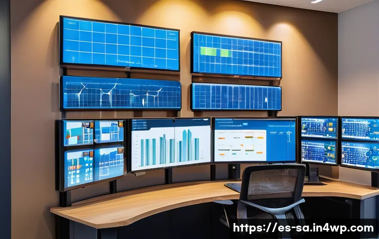 스마트 그리드와 인프라 개선 프로젝트 - A modern Spanish urban smart grid control center, featuring large digital screens displaying real-ti...