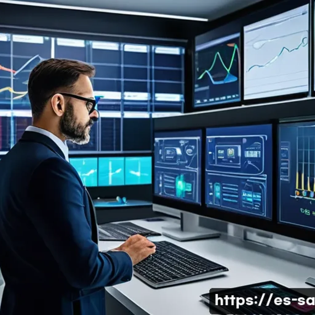 스마트 그리드 기술의 주요 도전 과제 - A detailed illustration of a modern smart electrical grid control room in a Spanish city, showing te...