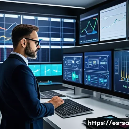 스마트 그리드 기술의 주요 도전 과제 - A detailed illustration of a modern smart electrical grid control room in a Spanish city, showing te...