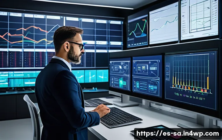 스마트 그리드 기술의 주요 도전 과제 - A detailed illustration of a modern smart electrical grid control room in a Spanish city, showing te...