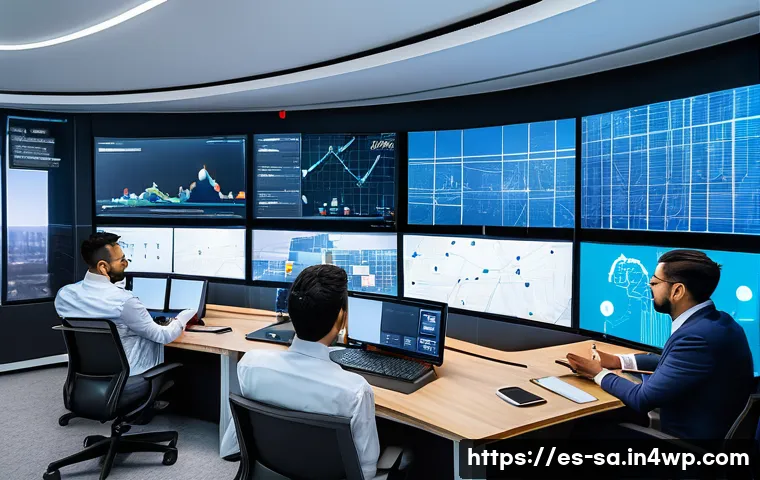 스마트 그리드와 인프라 투자 유치 방안 - A modern urban smart grid control center in Latin America, featuring a diverse team of engineers and...
