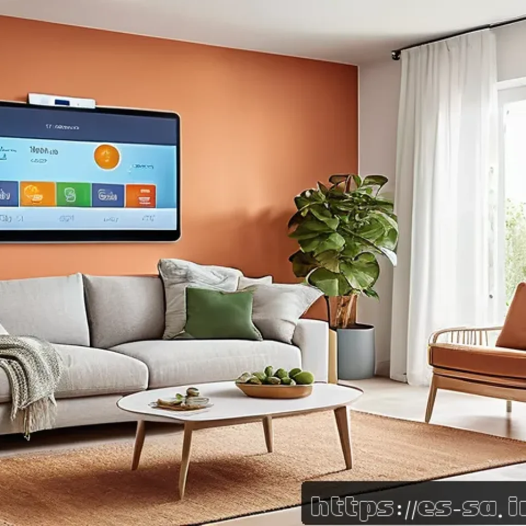 스마트 그리드와 에너지 소비 패턴 분석 - A modern Spanish family living room featuring a smart thermostat on the wall and programmable smart ...