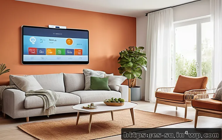 스마트 그리드와 에너지 소비 패턴 분석 - A modern Spanish family living room featuring a smart thermostat on the wall and programmable smart ...