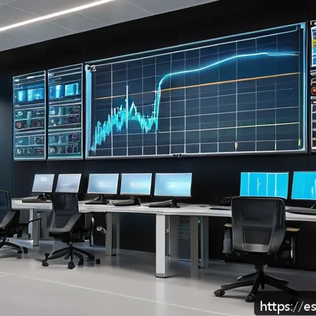 스마트 그리드 기술의 시스템 통합 전략 - A highly detailed smart grid control center interior in a modern Spanish energy company, featuring l...