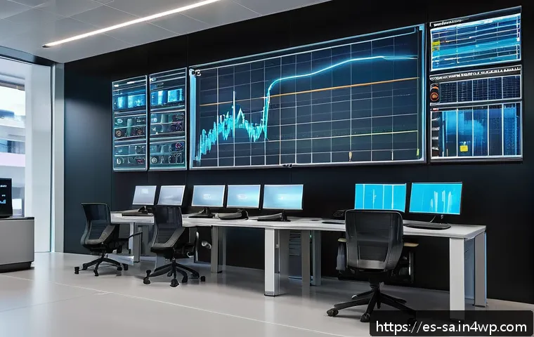 스마트 그리드 기술의 시스템 통합 전략 - A highly detailed smart grid control center interior in a modern Spanish energy company, featuring l...