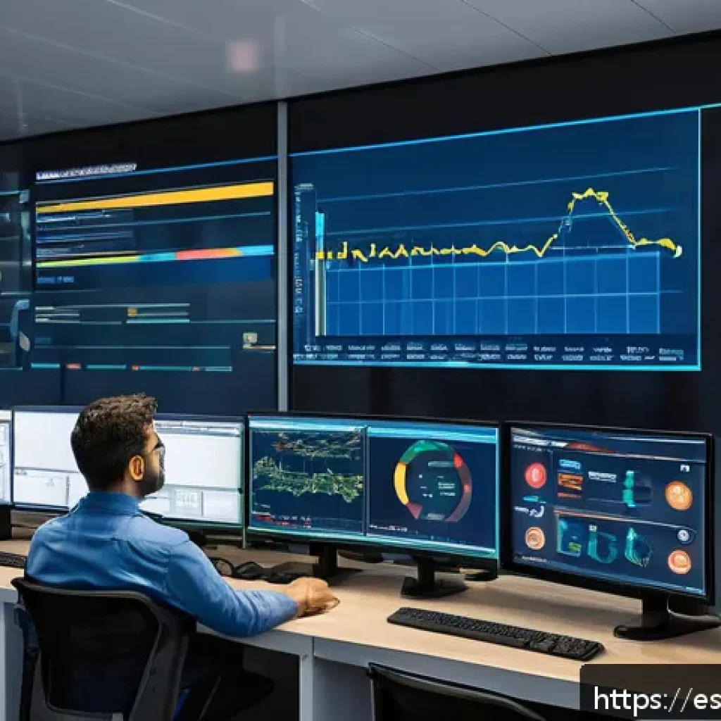 스마트 그리드 기술의 운영 비용 절감 방법 - A modern industrial control room with large digital screens displaying real-time energy consumption ...