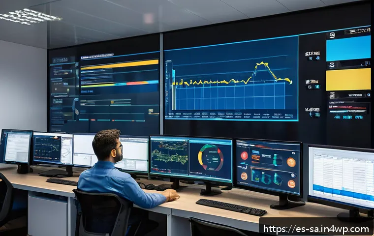 스마트 그리드 기술의 운영 비용 절감 방법 - A modern industrial control room with large digital screens displaying real-time energy consumption ...