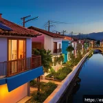Home 22 스마트 그리드 관련 최신 기술 동향 - A modern Latin American urban neighborhood at dusk, featuring smart grid technology visibly integrat...