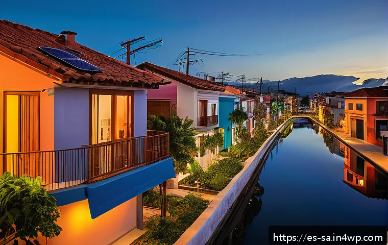 스마트 그리드 관련 최신 기술 동향 - A modern Latin American urban neighborhood at dusk, featuring smart grid technology visibly integrat...