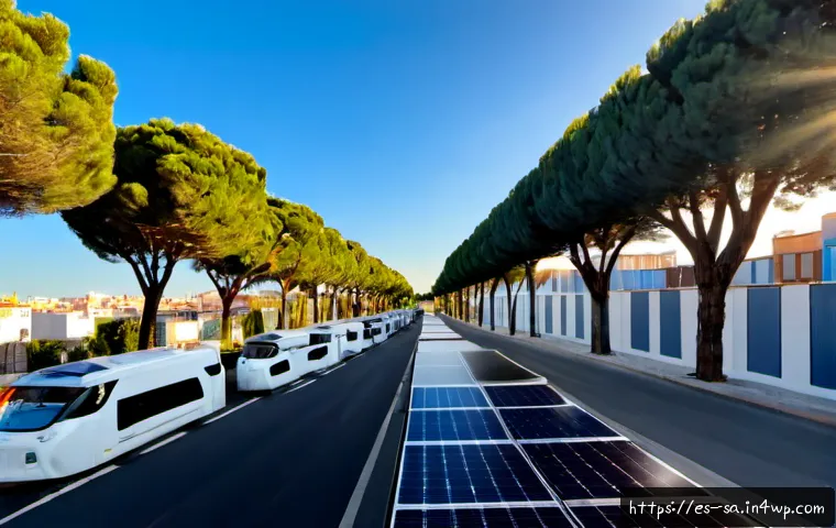 스마트 그리드 기술을 통한 탄소 배출 감소 전략 - Photorealistic wide-angle view of a modern Spanish city neighborhood at sunrise, rooftop solar panel...