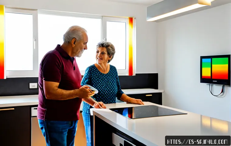 스마트 그리드와 에너지 흐름 모니터링 - Photorealistic modern Spanish home energy control scene, an older couple in a bright apartment kitch...